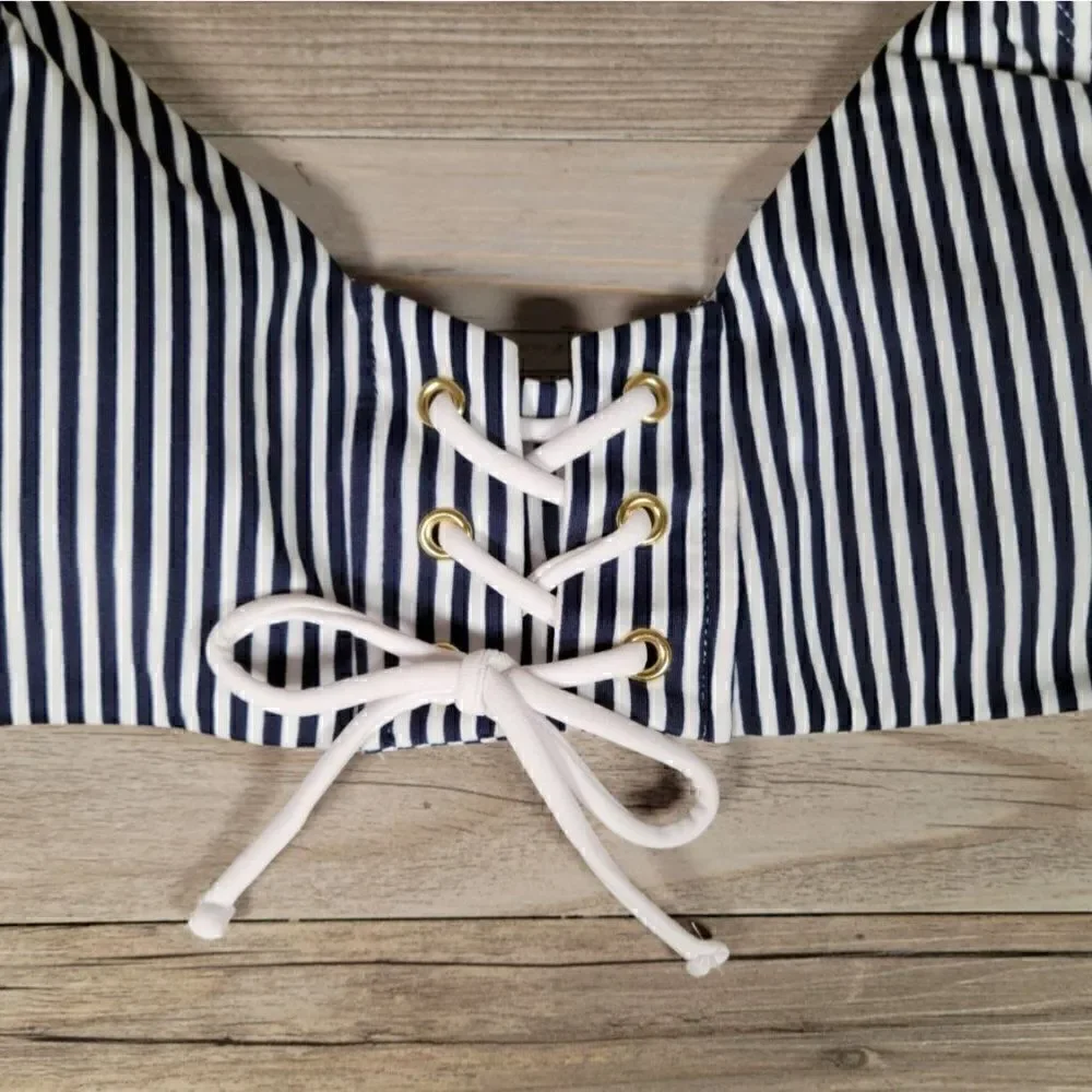 Xhilaration Juniors' Lace-up Front Blue Stripe Bikini Top Sz M